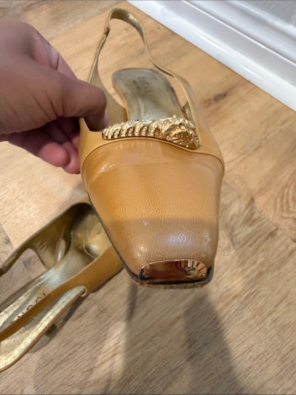 Gucci Tan and Gold Leather Slingback Mules - Picture 8 of 14
